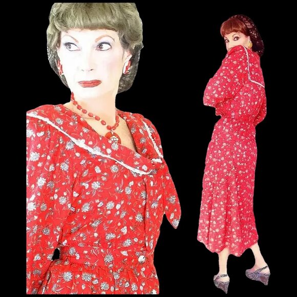 40s Style Red Dress, Sailor Collar Floral Frock with Pockets VFG 80s Vintage - Picture 8 of 14